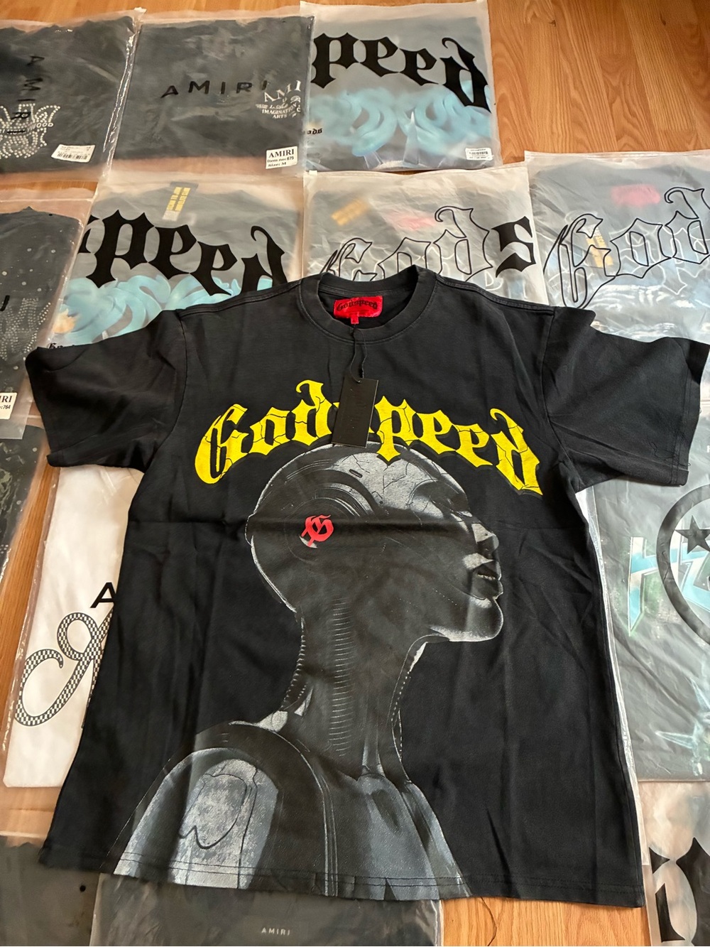 & Other Stories Black Tee with Yellow 'Godspeed' Script and Gray Robotic Profile